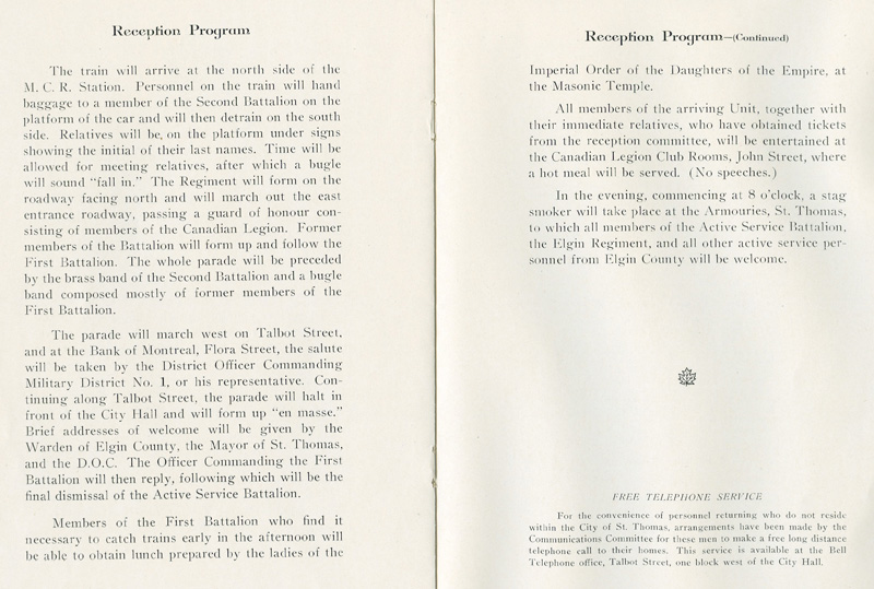 Elgin Regiment Repatriation Reception, January, 1946 - Reception Schedule